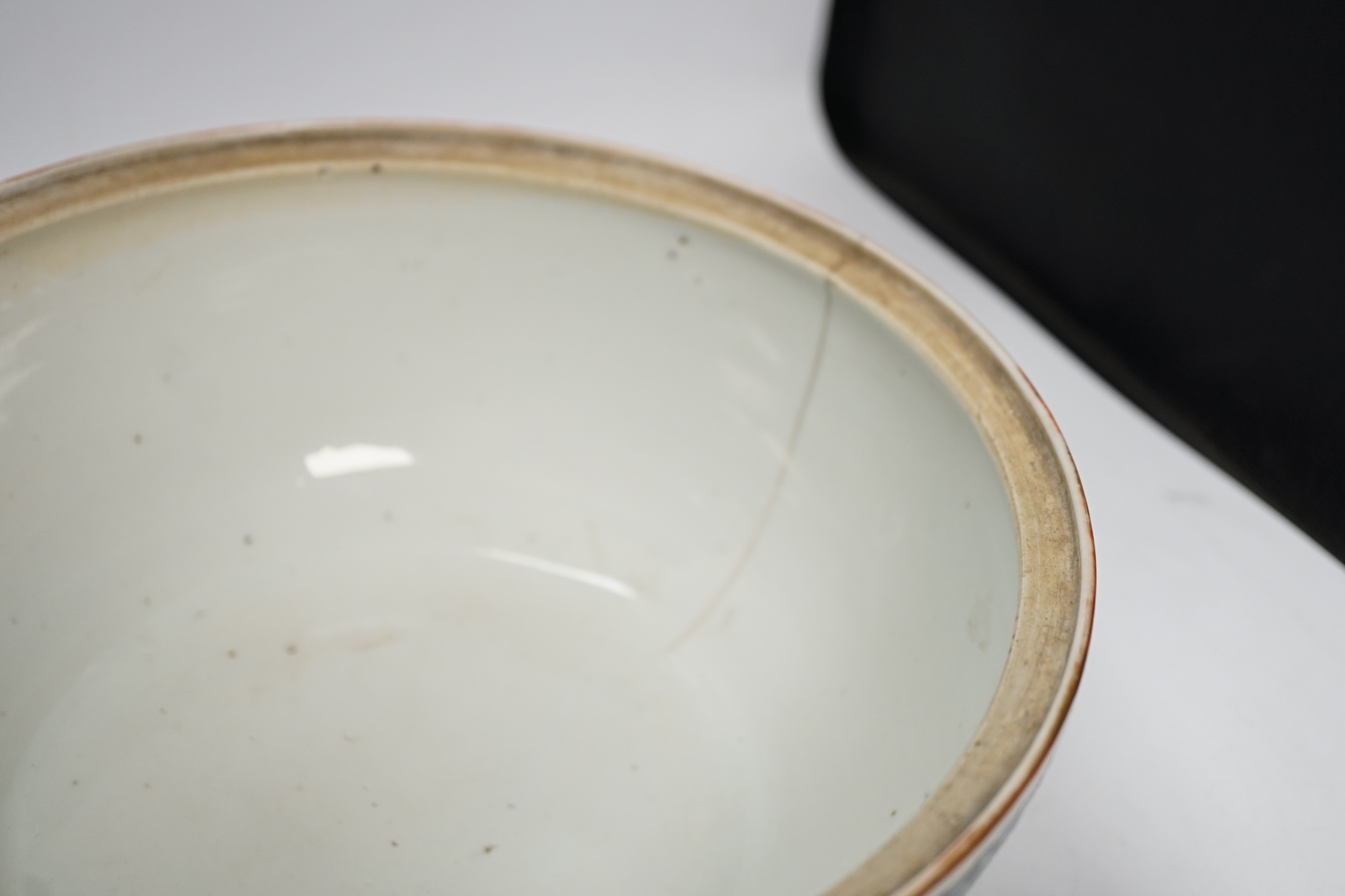 A 19th century Chinese famille verte handled bowl, missing cover, two blue and white prunus jars and an Imari dish, largest 28cm long. Condition - poor to fair